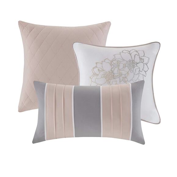 Madison Park Lola Queen Comforter shams skirt pillows Set Grey/Pink/White  NEW - Picture 2 of 11